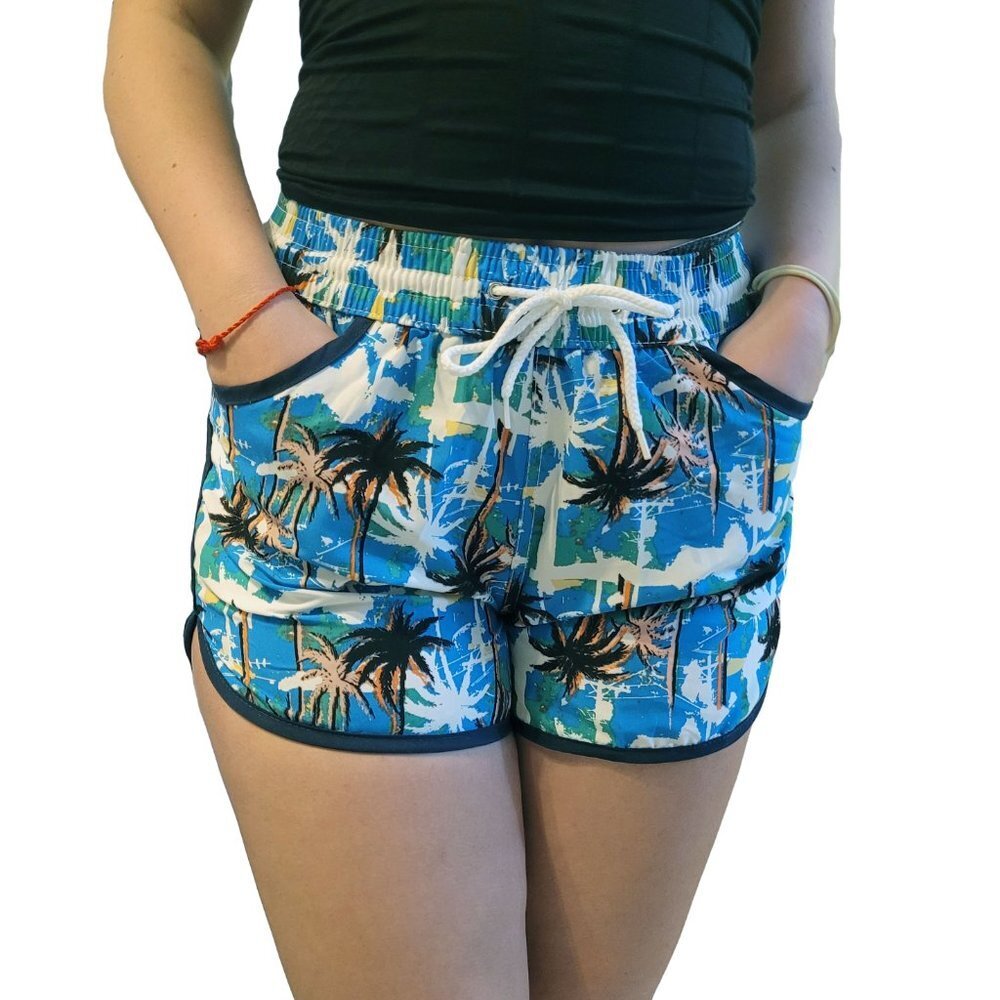 Beach Shorts, Junior Girls Bathing Trunks, Navy Palm Trees Print Style 3
